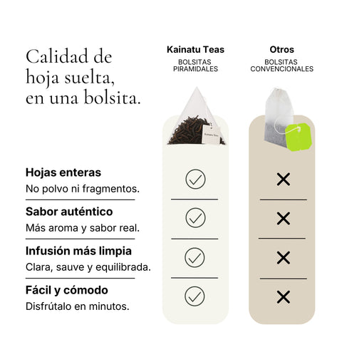 Infografía sobre hojas enteras de té Dian Hong en bolsita piramidal
