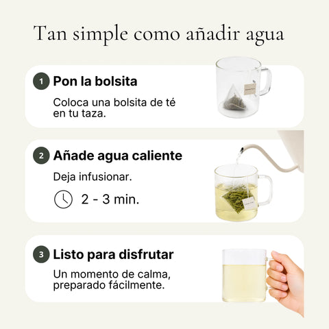 Guía visual para preparar té Dragon Well en bolsita piramidal