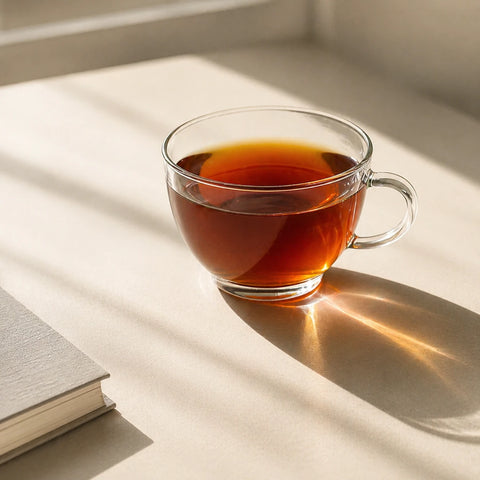 Imagen tipo lifestyle de una taza de cristal de te negro