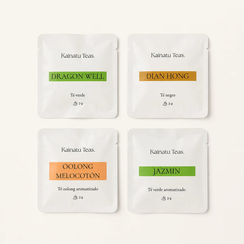 Pack degustación de té  con cuatro variedades: Dragon Well, Dian Hong, Oolong melocotón y jazmín