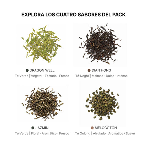 Pack degustación de té con Dragon Well, Dian Hong, Jazmín y Oolong Melocotón