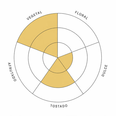 Gráfica de perfil de sabor del té verde Dragon Well con notas vegetales y tostadas
