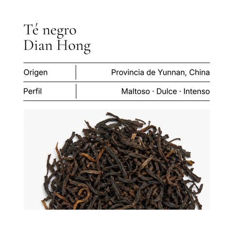 Hojas de té negro Dian Hong de Yunnan, China