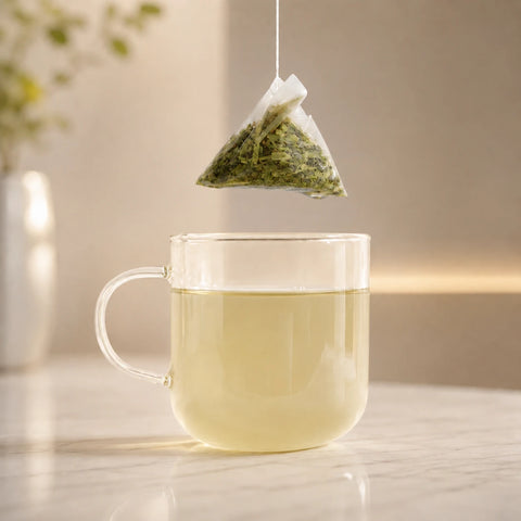 Bolsa piramidal de té verde sobre una taza de cristal con infusión lista para disfrutar